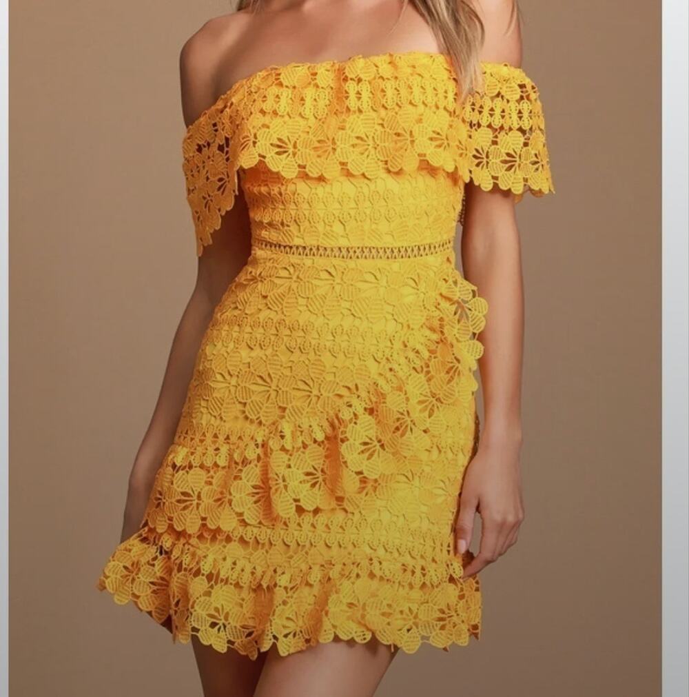 Lulus Yellow Off Shoulder Crochet Lace Dress Sz S
